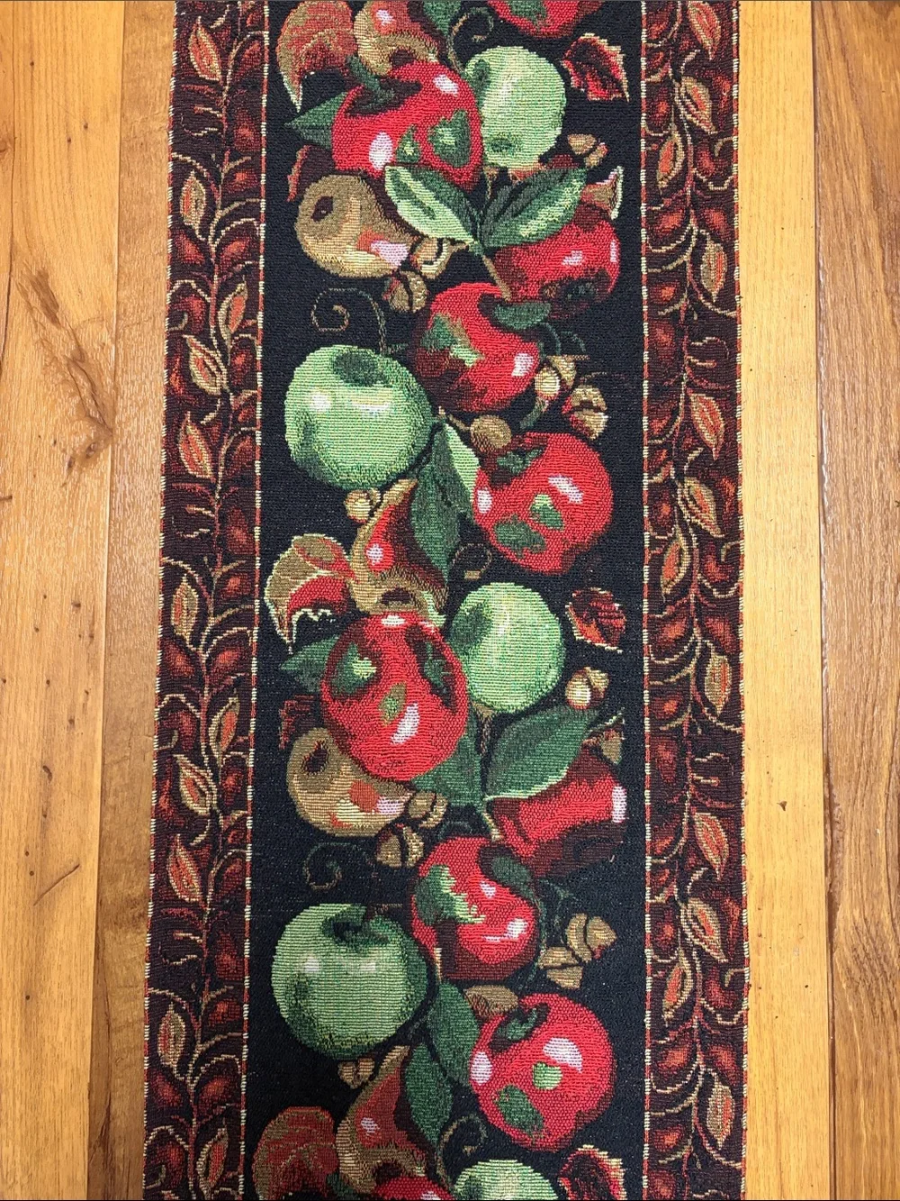 Vintage Tapestry Table Black Runner with Red and Green Apple Motif 64x12.5 EUC